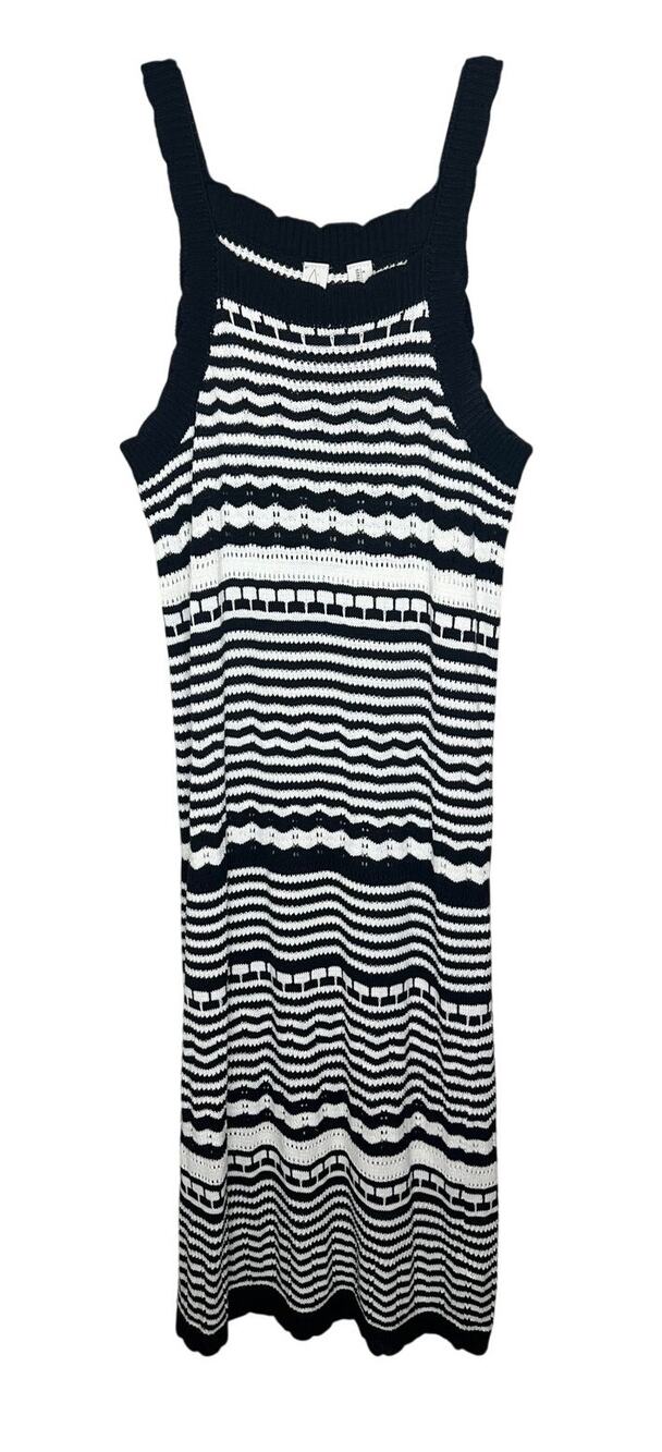 Joie Dress L Black White‎ Striped Knit Maxi Crochet Scalloped Trim Sleeveless
